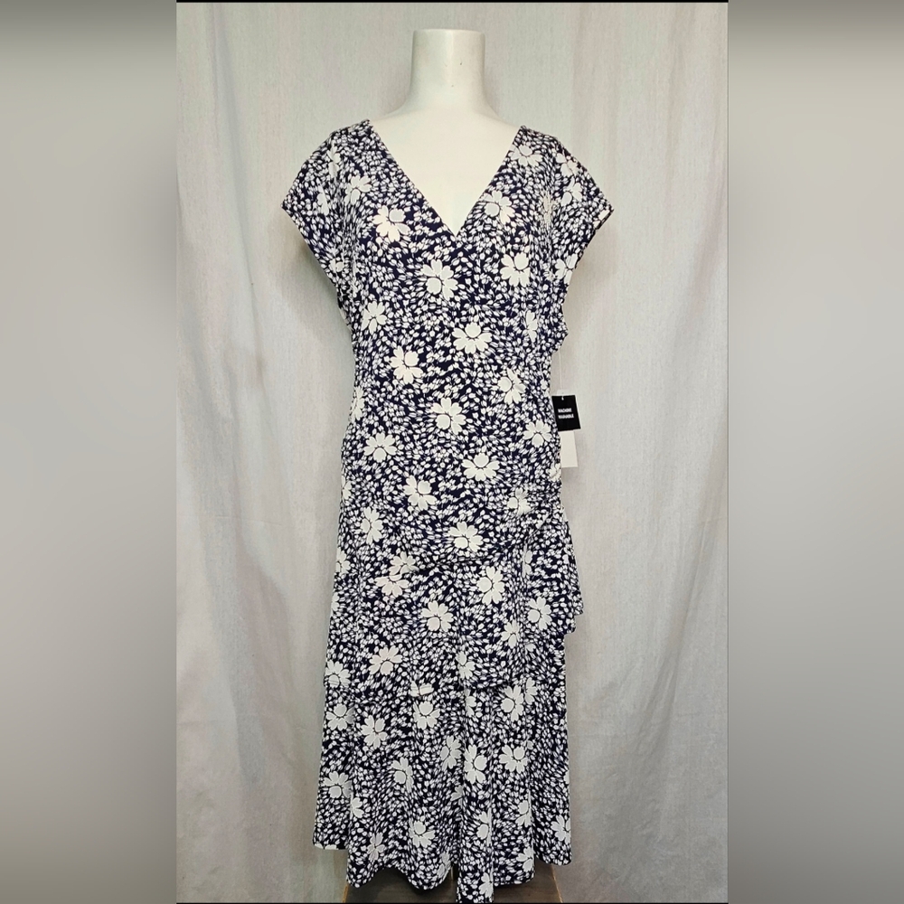 Robbie Bee Navy Blue & White Floral Ruffle V-Neck, Cap Sleeve Dress Size XL NWT